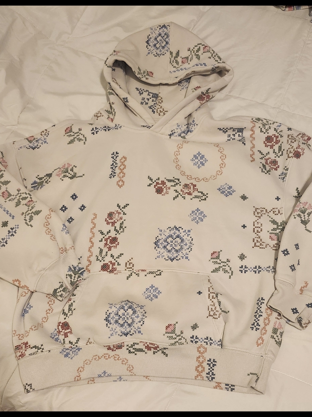 Cream Cross-Stitch Pattern Hoodie